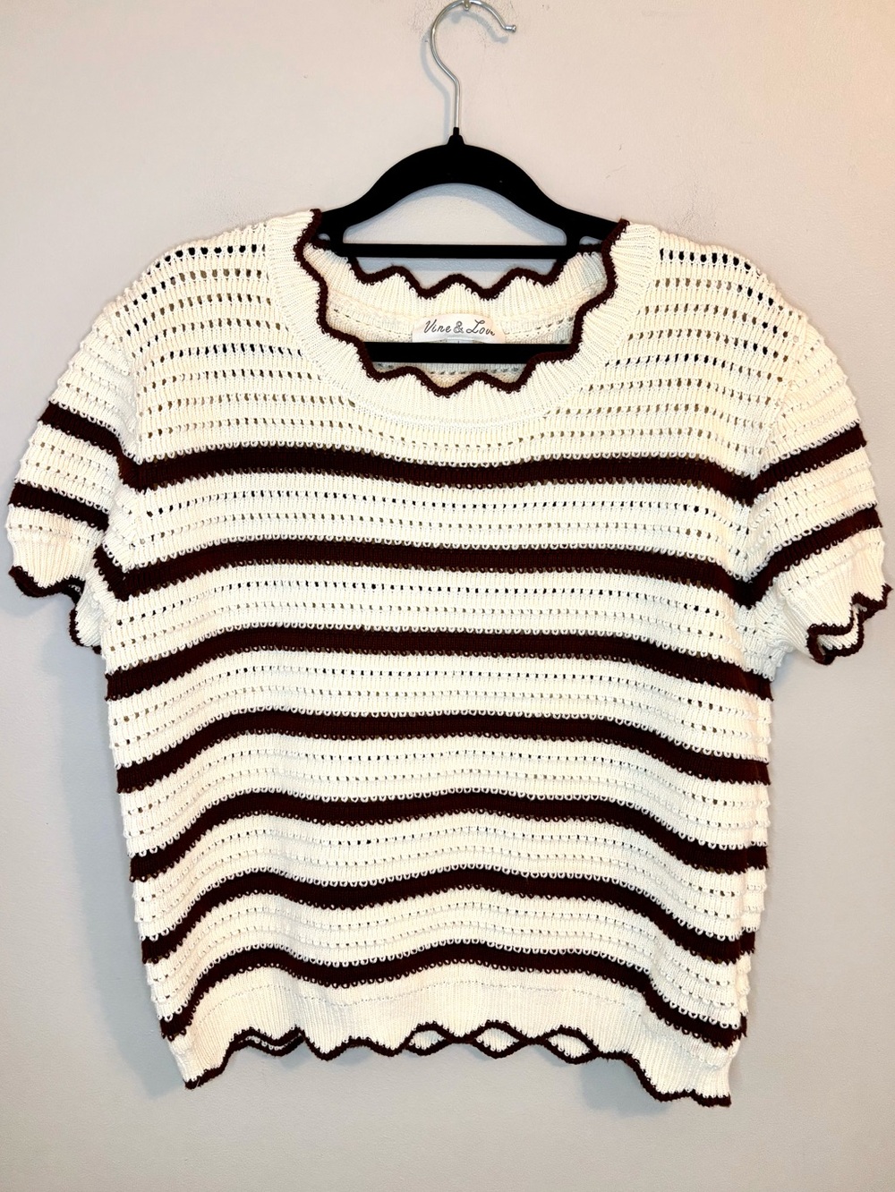 Vine & Love Cream Brown Crochet Stripe Scallop Trim Sweater Top Large